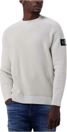 Calvin Klein Monologo Badge Sweater - Heren - Ronde hals truien - Wit - XS - Katoen - Truien & Vesten