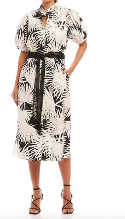 Karen Kane Puff Sleeve Shirt Dress In Black Print On Off White