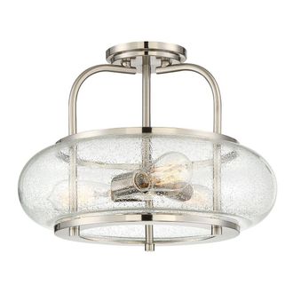 Loops Semi Flush 3 Light Clear Seeded Glass Shade Brushed Nickel LED E27 60W in Metallics