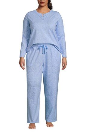 Lands End Plus Size Knit 2 Piece Pajama Set - Long Sleeve Top and Pants in Light Sea Blue Tiny Floral at Nordstrom, Size 2X