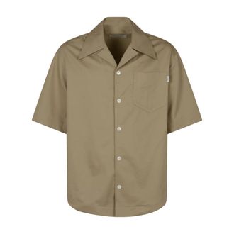 Ami Short Sleeve Shirts, male, Brown, Size: L Short Sleeve Wide Shirt with Camp Collar and Patch Pocket