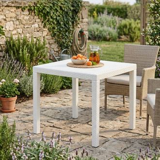 Dmora Mesa De Jard&iacute;n Agrigento, Mesa De Jard&iacute;n Cuadrada, Mesa De Centro Fija Efecto Rat&aacute;n, 100% Made In Italy, Cm 80x80h72, Blanco, Con Embalaje Reforzado -