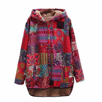Generic Christmas Presents Top Selling Items Fleece Jacket Women Ethnic Printing Hoodies Splicing Plush Cardigan Long Sleeves Coat For Womens Womens Quilted J
