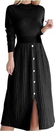 Generic Jumper Dress for Women UK Slit Knitted Midi Dress Crew Neck Fall Winter Sweater Dress Elegant Long Sleeve Casual Dresses Work Office Business Dresses 