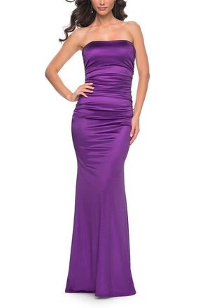 La Femme Strapless Stretch Satin Dress with Ruching in Royal Purple at Nordstrom, Size 12