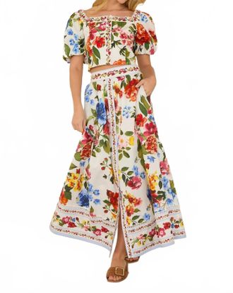 Skies Are Blue Clothing Floral Border Print Midi Skirt In White Multi