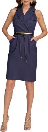 DKNY Belted Sleeveless Linen Blend Denim Dress in Ink at Nordstrom, Size 14