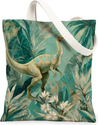 Generic Dinosaur Floral Canvas Tote Bags, Green Plant Pattern Reusable Grocery Bags, Vintage Lightweight Washable Shoulder Strap Fo, Green, 13x15 Inch