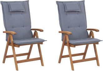 Beliani Set of 2 Garden Chairs Light Acacia Wood with Blue Cushions Folding Feature UV Resistant Rustic Style JAVA