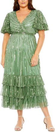 Mac Duggal Plus Sequin Faux Wrap Flutter Sleeve A-Line Dress