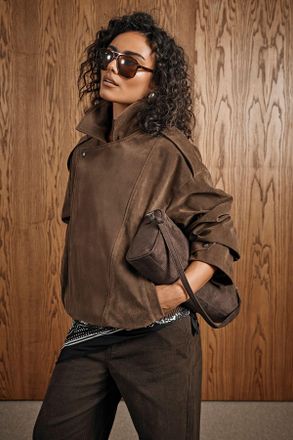 Boohoo Womens Oversized Faux Suede Jacket - Chocolate - Size 14 UK