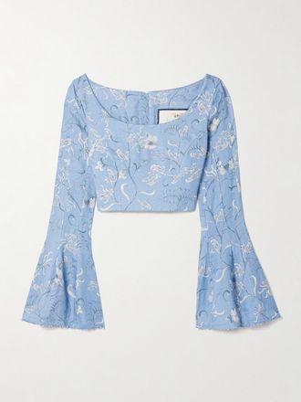 Agua Bendita Crop Top In Lino Stampato Con Perline Limoncillo Lymanopoda - Blu