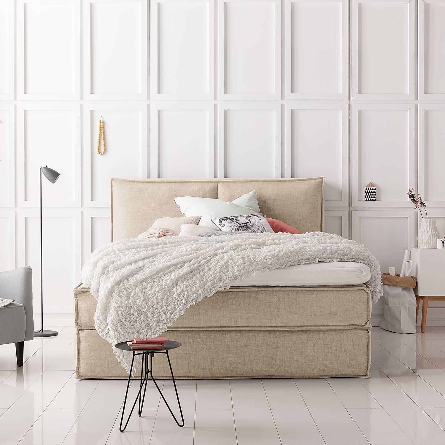 Studio Copenhagen home24 Premium Boxspringbett mit Kopfteil 160 x 200cm Flachgewebe Beige/Beige H2 130 cm ab 1.899,99 €