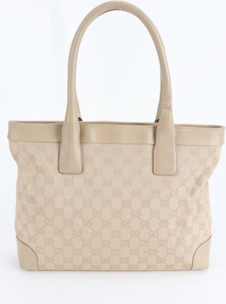 Gucci Beige Leather Canvas Handbag Tote Bag (Pre-Owned)