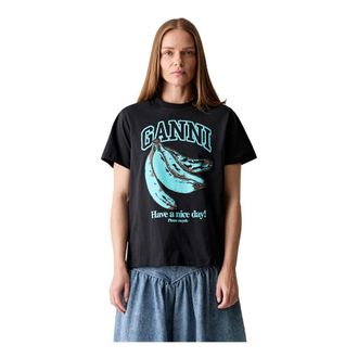 Ganni T-shirt met Blauwe Banaan - Dames - Tops - Blauw - Maat: XL Katoen