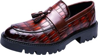 Generic Mens Leather Printed Platform Slip-On Penny Loafers Fashion Round Toe Metal Decoration Non-Slip Lug Sole Business Dress Shoes for Driving Office Party