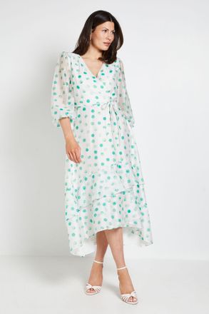 Wallis Womens Polka Dot Ruffle Wrap Midi Dress - Green viscose - Size 12 UK