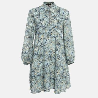 Maje Blue Printed Crepe Neck Tie-Up Mini Dress