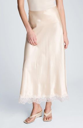 Kenneth Cole Lace Trim Satin Midi Skirt in Oyster at Nordstrom, Size X-Small