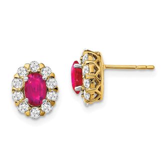 Diamond2Deal 14k Yellow Gold 3/4 carat Lab Grown Diamond and Oval Created Ruby Halo Stud Earrings