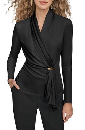 DKNY Wrap Front Long Sleeve Top in Black at Nordstrom, Size X-Large