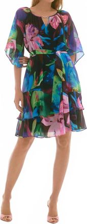 Joseph Ribkoff Floral Print Tiered Ruffle Chiffon Dress In Black/multi