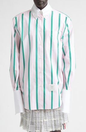 Thom Browne Repp Stripe Oversize Button Armband Cotton Poplin Button-Down Shirt in Light Pink at Nordstrom, Size 2 Us