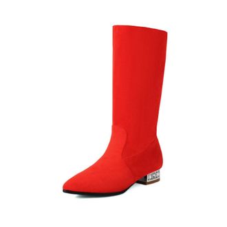 Generic Womens Faux Suede Mid-Calf Boots with Rhinestone Flat Heel Casual Boots Pointed Toe Slouch Short Boot,Red,7.5 UK