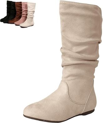 Generic Womens Knee High Boots Side Zipper Round Toe Faux Suede Boot - Knee High Loose Fit Casual Boots, Slouch Booties for Women Comfortable Plus Size Tall S