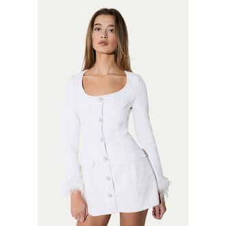 Misspap Boucle Feather Trim Mini Dress in White at Nordstrom, Size 4