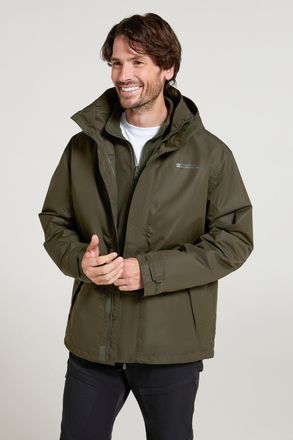 Mountain Warehouse Fell Mens 3 in 1 Water Resistant Jacket Adjustable Hood Full Zip Winter Coat Forest Green - Size X-Large