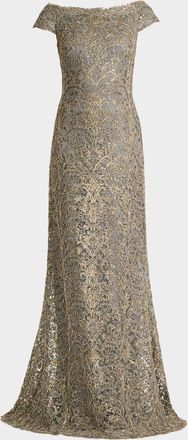 Tadashi Shoji Cap-Sleeve Sequin Lace Column Gown