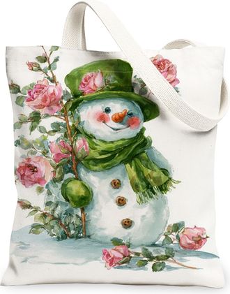 Generic Winter Floral Canvas Tote Bags, Snow Man Design Reusable Grocery Bags, Vintage Lightweight Washable Shoulder Strap Canvas F, White, 13x15 Inch