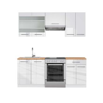 Vicco Mueble De Cocina Fame-line, Blanco Alto Brillo/blanco, 200 Cm, Et Roble
