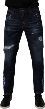 Dolce & Gabbana Mens Dark Blue Cotton Tattered Skinny Denim Jeans Spandex Clothing