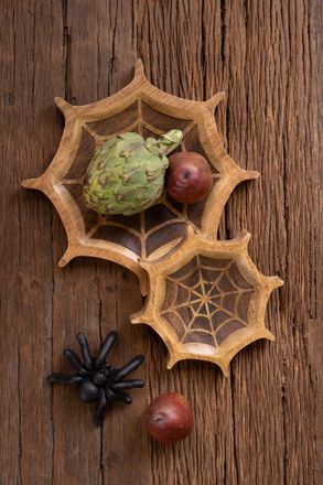 Kalalou Set Of Two Carved Mango Wood Halloween Spider Webs
