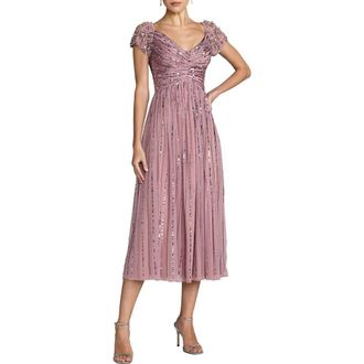 Mac Duggal Beaded Sequin V Neck Cap Sleeve Midi Dress in Vintage Lilac at Nordstrom, Size 12