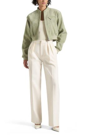 Mani&egrave;re De Voir Monique Suede Wide Shoulder Bomber Jacket in Sage at Nordstrom, Size 0