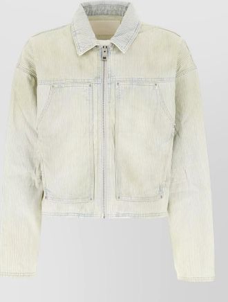 Purple striped jacket long sleeves chest pockets collar