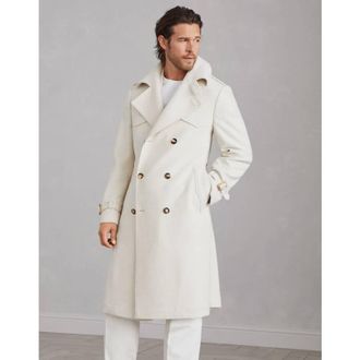 Brunello Cucinelli Mens Sand Double Breasted Wool Silk Blend Coat, Size 48
