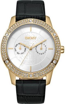 DKNY Crystal Bezel Leather Strap Watch in Black at Nordstrom Rack