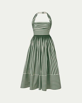 Carolina Herrera Striped Cotton Pleated Halter Midi Dress