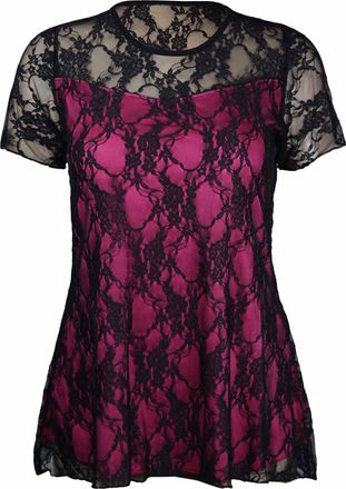 Purple Hanger New Womens Floral Lace Short Sleeve Ladies Flower Lined Patterned Stretch T-Shirt Tunic Party Top Plus Size (14 / 16, Black & Cerise)
