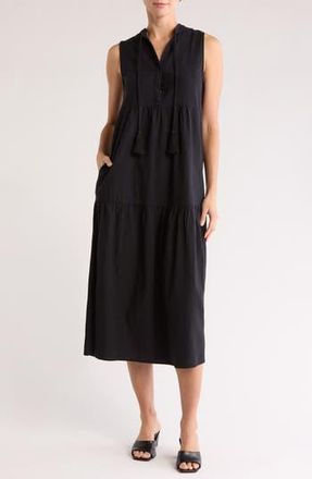 Elan Tiered Cotton & Linen Cover-Up Dress in Black at Nordstrom Rack, Size X-Small
