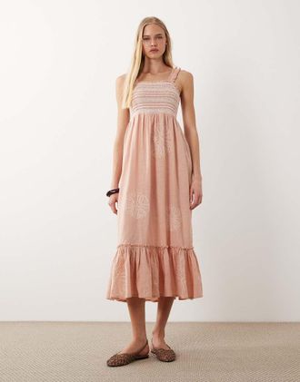 Accessorize Vestito da mare lungo rosa con ricami e spalline con volant