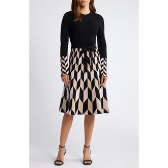 Eliza J Fit & Flare Long Sleeve Sweater Dress in Black Taupe at Nordstrom Rack, Size X-Large