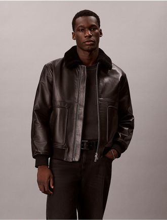 Calvin Klein Mens Leather Bomber Jacket - Black - XL