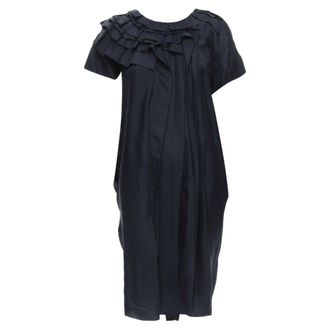 Marni navy blue 100% silk ruffle neckline short sleeve silk dress IT38 XS