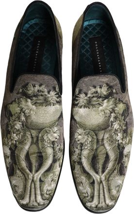 Dolce & Gabbana Mens Brown Baroque Print Slip On Loafers Shoes Leather