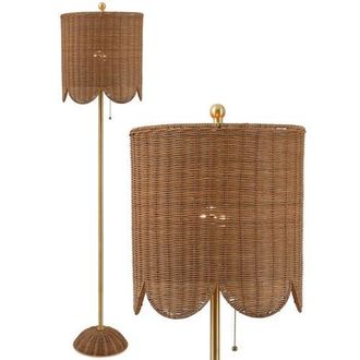 Jonathan Y Designs Joel Scallop Shade Rattan/Metal LED Floor Lamp with Pull Chain in Brown/brass Gold at Nordstrom